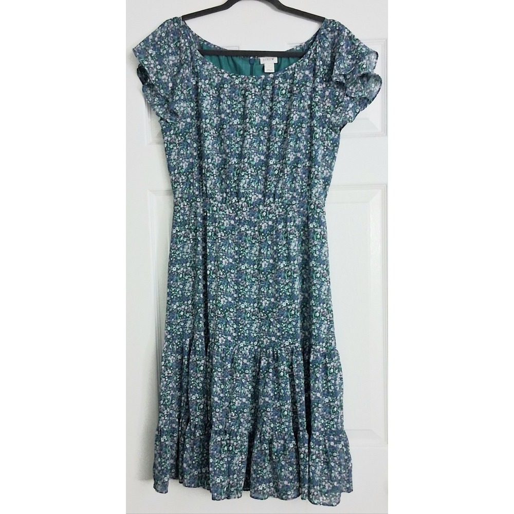 J Crew Midi Dress Women's Size 4 Green Floral Tiered Short Sleeve Flutter Sleeve